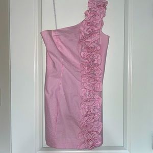 Lilly Pulitzer Pink Seersucker One-shoulder ruffle dress